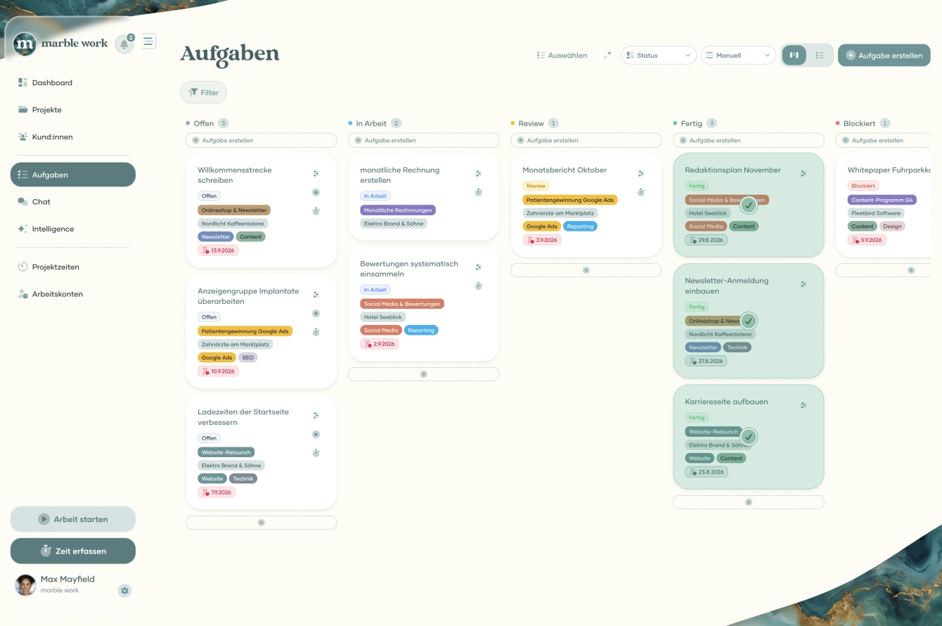 Aufgaben-Board in marble work mit den Status Offen, In Arbeit, Review, Fertig und Blockiert
